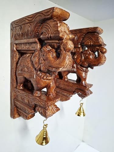Image of Wooden Elephant Wall Bracket Pair 12 Inch | Hand Carved Brown Finish South Indian Corbels with Brass Bells | Traditional Wooden Wall Hanging Sculpture for Home & Pooja Room Decor (Set of 2)