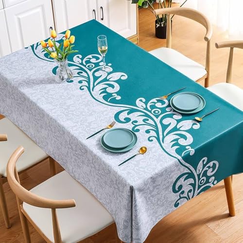 Homxi Manteles para Mesa Rectangular,120 W x 170 L CM,Mantel para Mesa Jardín PVC Patrón de Vid Verde Pavo Real Gris Mantel Decorativo Mesa Salon