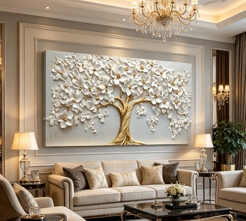 Large Tree of Life Canvas Wall Art,Gold Flower Painting Picture Wall Decor,Elegant Trees Poster Print Artwork for Living Room Bedroom Office Home Decoration - Image 3