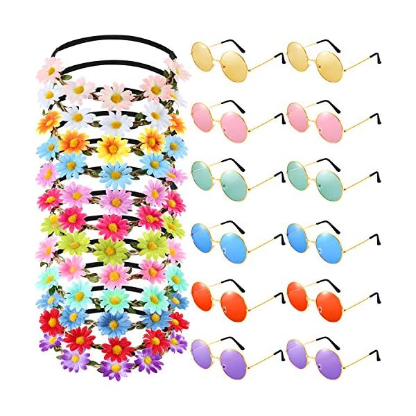 Bememo 24 pieces hippie headband glass costume set, includes 12 pieces multicolor lady girl flower headbands, 12 pieces round hippie sunglasses for festival party
