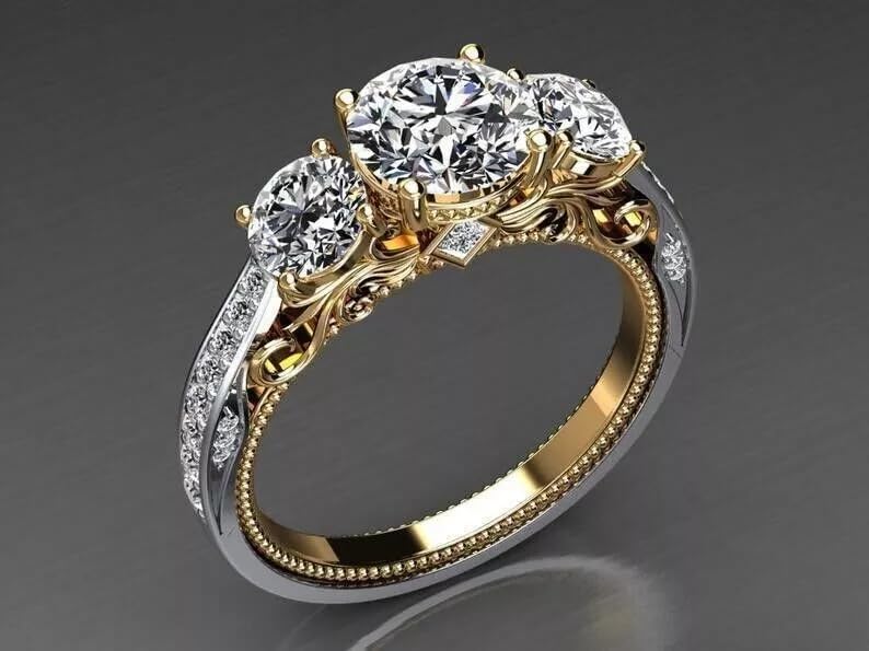 925 Sterling Silver Antique Lab Created Diamond Three Stone Wedding 14K Two Tone Gold Plated Ring Gift for Her2