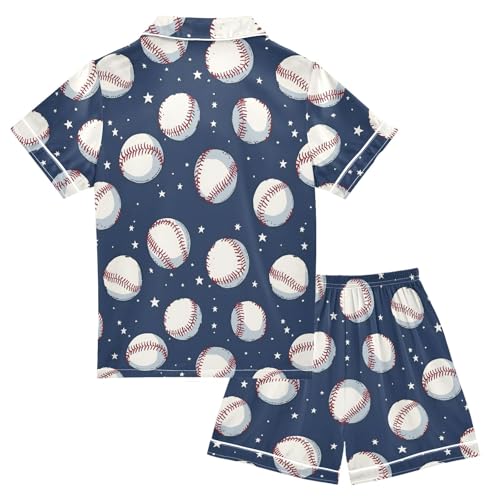 Baseball Pattern Summer Satin Pajama Set, Cute Button-Down Sleepwear Pj Set for Sleep Wears2