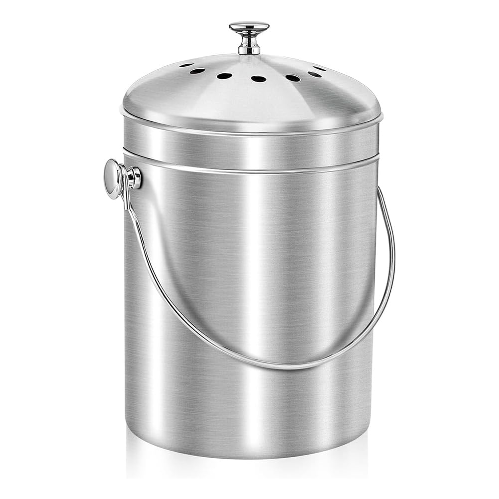 CTRLZS Compost Bucket for Kitchen Countertop,1.3 Gallon Stainless Steel Compost Bin Indoor with Lid, Odorless Food Waste Bucket