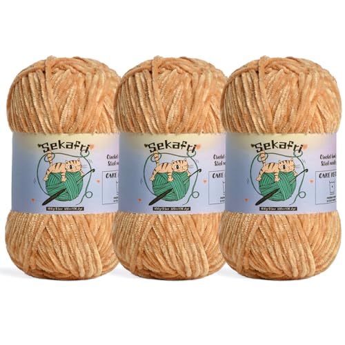 Image of 3 Pack of 300g (590yds) Fuzzy Chenille Yarn for Crocheting,Fluffy Amigurumi Crochet Yarn for DIY Craft /Hat /Clothes, Soft Velvet Baby Blanket Yarns(3 Khaki)