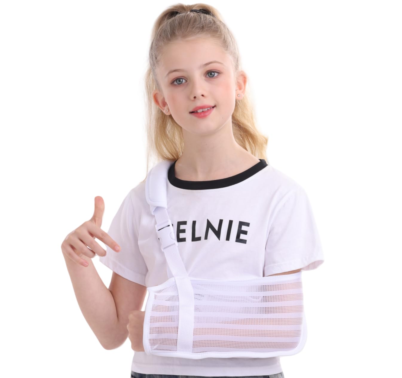 Adjustable Kids Arm Sling for Toddlers & Children - Breathable Mesh Shoulder Immobilizer for Wrist/Elbow/Shoulder Injury Support with 2 Pads, Left/Right Arm (White, Large)