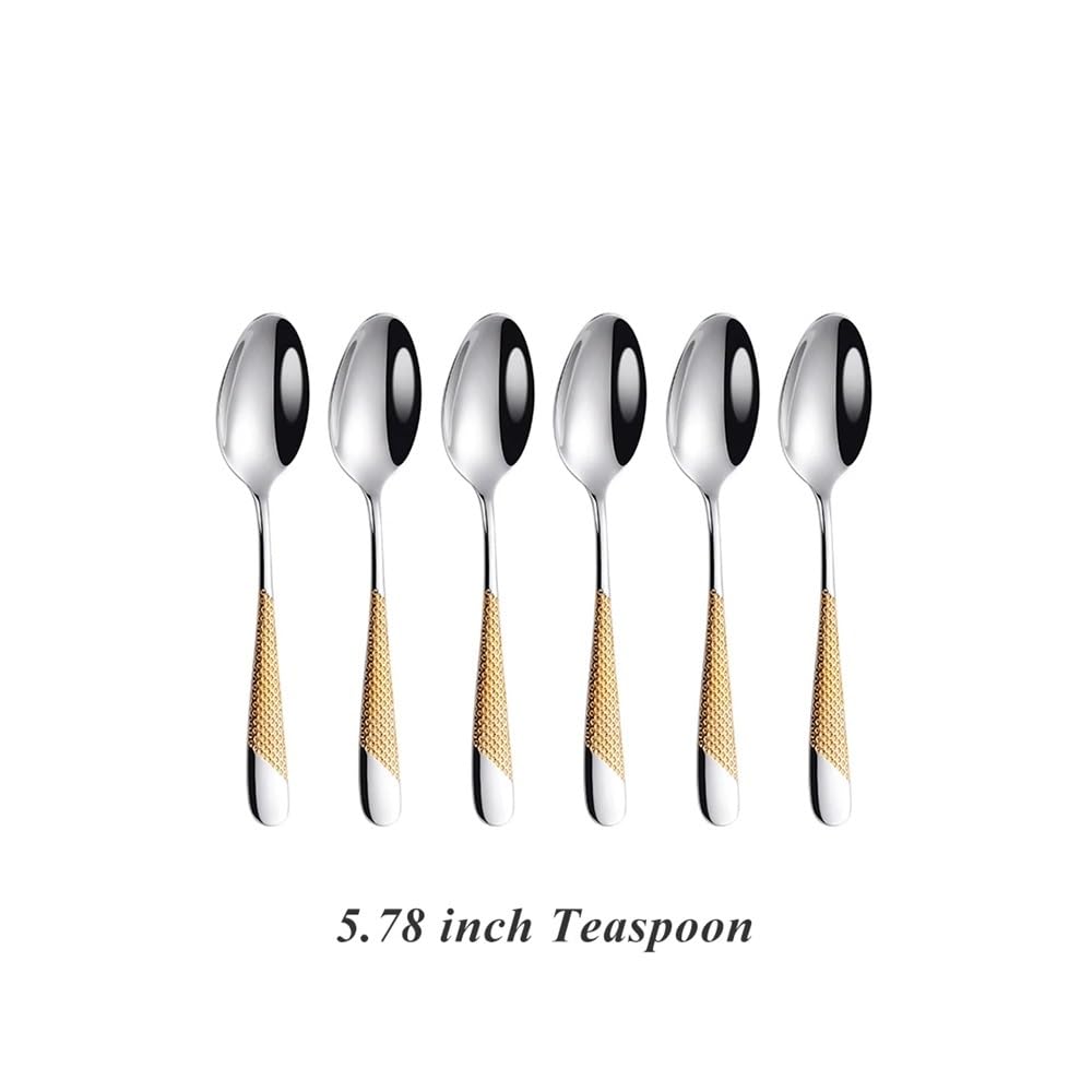 Cucharas de café de acero inoxidable de 5.8 pulgadas, 6 cucharaditas de postre doradas, cucharas de metal plateado, cubiertos pequeños, aptas para lavavajillas (8)