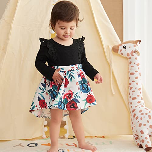 Opawo Newborn Infant Baby Girl Dress Ribbed Bodysuit Romper Dress Long Sleeve Floral Girl Dresses Fall Winter Clothes(Black,3-6 Months) #TOP1