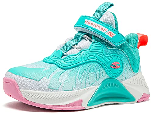 HOBIBEAR Kids Sneakers for Boys Girls Running Tennis Shoes Basketball Breathable Athletic(Big Kid 5-White/Green)