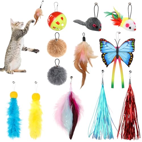 QUOZUO Cat Toys Replacement Cat Toy Wand Refills 12 Pcs Cat Feathers Refill Cat Toy Mouse Cat Wand Refill Attachments for Indoor Cats