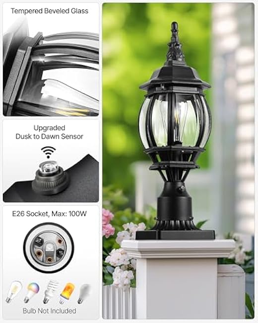 VIANIS Hard Wired Dusk to Dawn Outdoor Post Lights, Modern Exterior Lamp Post Light Fixture with Pier Mount Base, Black Anti-Rust Waterproof Outdoor Pole Lights for Front Porch Patio, Garden, Pathway
