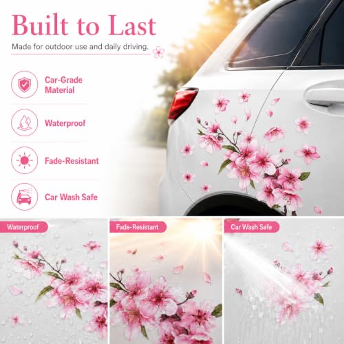 Image of Cherry Blossom Vinyl Car Sticker, Scratch Cover Pink Flower Bumper Decal for Automotive, Motocycle, Home Decor