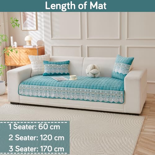 Image of HOKIPO 'BelleLace Series' Imperial Milk Velvet Sofa Cover Mat for 1 Seater Sofa, Lace Design, Teal (AR-5962-TEAL*1)