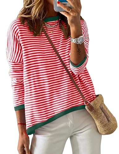 Wayleb Jersey de Mujer a Rayas Cuello Redondo Jerséis para Mujer Casual Camisetas Manga Larga Otoño Invierno Ligero Suéter Basica Pullover Tops
