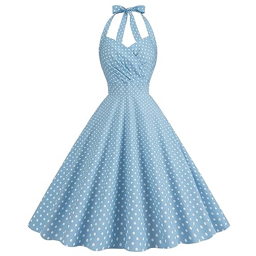 Sommerkleider für Damen, kariert, Rockabilly-Kleider 1950, Swing-Kleid, knielanges Kleid, weißes Kleid für Damen, hellblau, XL