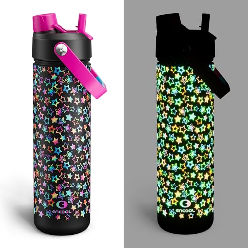 Image of ENCOOL Insulated Water Bottle with Straw Stainless Steel Water Bottle, Glow in the Dark, Leak-Proof, BPA-Free, Keeps Cold for 24 Hours for Sports, Travel, School (26 oz, Neon Starfall)