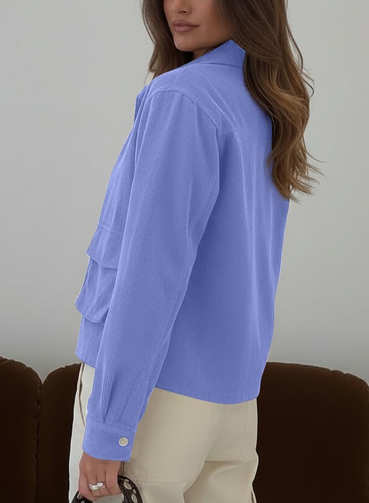 Beaully Womens Corduroy Cropped Shacket Jacket Short Button Down Long Sleeve 2026 Spring Outwear Tops - Image 2