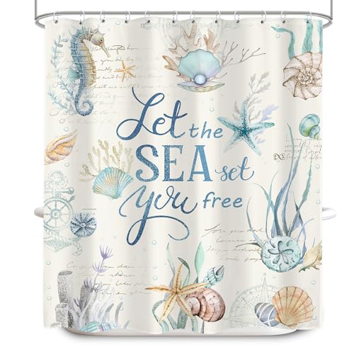 LIGHTINHOME Nautical Coastal Quotes Shower Curtain 60Wx72H Inches Rustic Ocean Themed Beach Seashell Coral Starfish Inspirational Cloth Fabric Waterproof Polyester Bathroom Home Decor Set with Hooks - Image 8