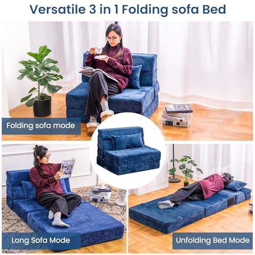 Folding Sofa Bed, Convertible Sleeper Chair with Pillow, High Density Memory Foam Fold Out Couch, Foldable Mattress Futon Sofa for Living Room/Dorm/Guest Use/Apartment/Home Office