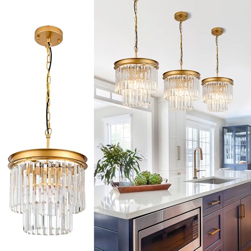 GDLT Gold Crystal Pendant Light 11.8' 3-Light Modern Round Chandelier Fixture 2-Tier Luxury Crystal Ceiling Hanging Light for Dining Room Hallway Living Room Bedroom Kitchen Island 1-Pack