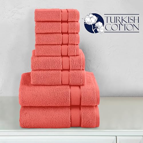 Image of Elegant Comfort Premium Cotton 8-Piece Towel Set, Includes 4 Washcloths, 2 Hand & Bath Towels, 100% Turkish Cotton - Highly Absorbent and Super Soft Towels for Bathroom, Coral (Pack of 4)