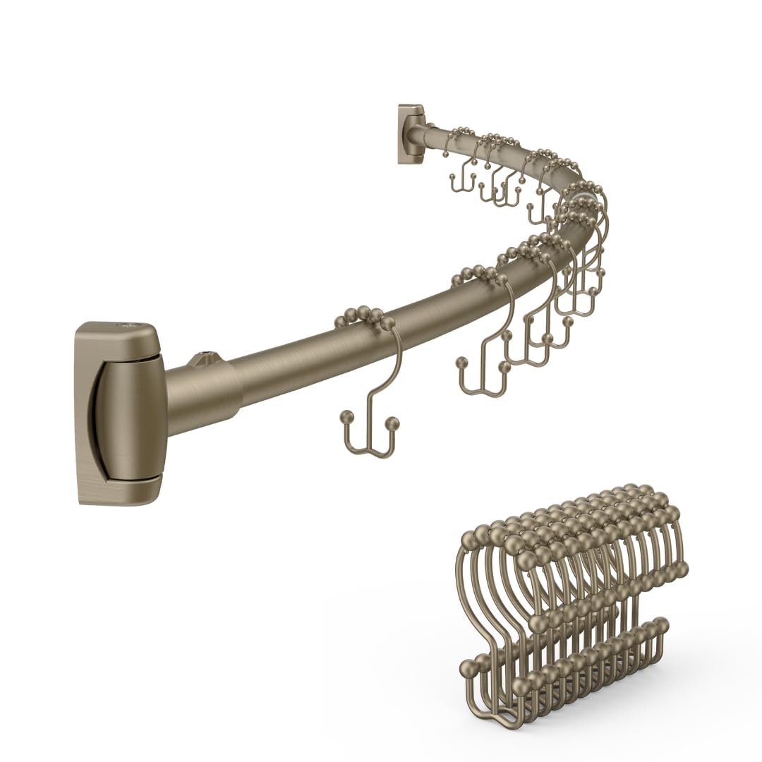 42-72 Inches Adjustable Arched Curved Shower Curtain Rod with 12 Pcs Shower Curtain Rings for Bathroom, Fitting Room, or Kitchen, Wall Drill Needed, Easy Installation, Satin Nickel