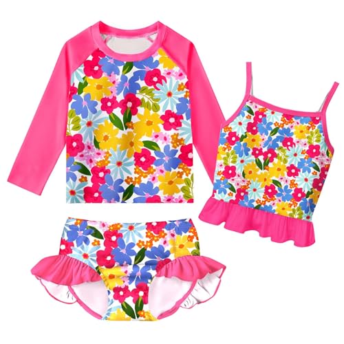Girls Kids Rash Guard Sets 3 Pieces Tankini Bathing Suit Swimwear Long Sleeves Swimsuit for 3-8 Years