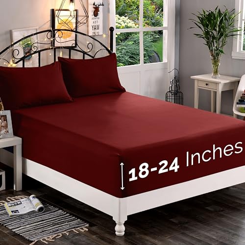 Elegant Comfort 1500 Premium Quality Fitted Sheet Ultra Soft 18-24 Inch Extra Deep Pocket - Single Fitted Sheet for High Mattress - Wrinkle Free with Smart Storage Pockets, King, Burgundy