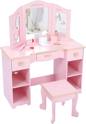 ShiningLove Juego de tocador de maquillaje para niños, mesa y silla para niñas con espejo y cajón, regalo para edades de 4 a 9 años, color rosa
