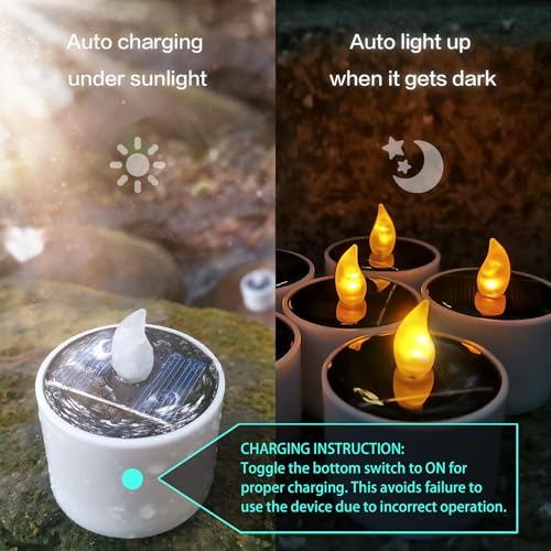 Image of 6 Pack Outdoor Solar Waterproof LED Tea Lights for Garden Decor | Solar powered candles. Rechargeable flameless flickering electric votive tea lights for outside window & backyard lanterns