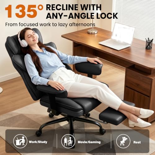 Image of Office Desk Chair, Big and Tall Gaming Chair with Foot Rest, Ergonomic High Back Computer Chair with Soft Adjustable Armrests, Lumbar Support Pillow, Executive Leather Chair (PU, Black)