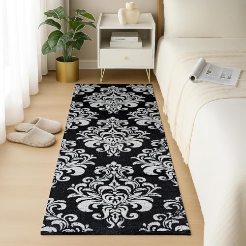 Image of SAGON 2x5 Ft Printed Runner Carpet - Cotton Bedside Rug for Bedroom & Living Room (Antique Floral Silver)