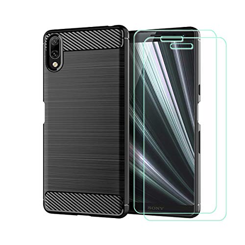 DQG Funda para Sony Xperia L3 (5.7'), Ultra Slim Fibra de Carbono Carcasa Suave TPU Silicona Caso Case Cover + [2 Piezas] Protector de Pantalla Templado Film Protectora - Negro