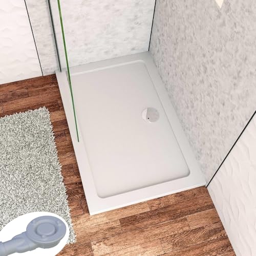Receveur de douche à l'italien 110x90cm H.3cm, blanc, rectangulaire, Bac à douche extra-plat en résine, avec une bonde H.55mm Design ultra-mince