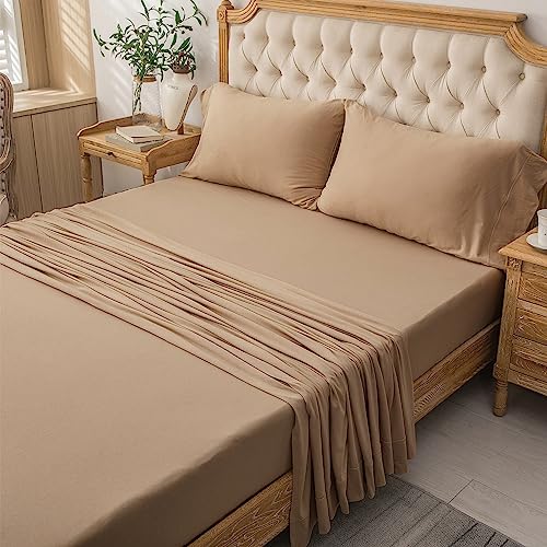 PURE ERA Jersey Knit 4pc Bed Sheet Set 100% T-Shirt Cotton Super Soft Comfy Breathable Fits Mattress Up to 20" Extra Deep Pocket (Solid Toffee Brown, Queen)