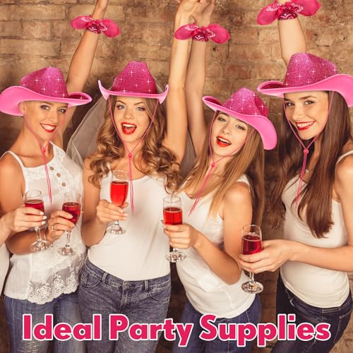 Image of Coume 12 Pcs Sparkly Adults Cowboy Hat and Bandanas Women Men Western Glitter Cowgirl Party Hats with Adjustable Drawstring