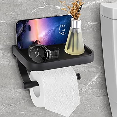 Yuirshion Toilet Roll Holder, No Drilling, Stainless Steel, Self-Adhesive Toilet Roll Holder, Wall Mounted Paper Holder for Kitchen and Bathroom, Black Cover