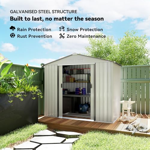 Outsunny 7' x 4' Outdoor Storage Shed, Garden Tool Metal Shed with Foundation Kit, Double Lockable Door, Air Vents and Sloping Roof, for Backyard, Patio, Lawn, White