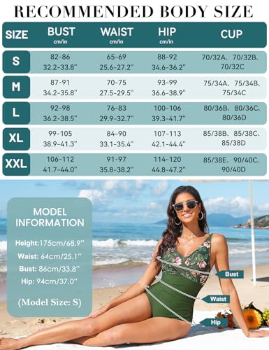 CMTOP Badeanzug Damen Bauchweg V Ausschnitt Einteiliger Badeanzüge Pushup Schlankheits Bademode One Piece Rüschen Bauchkontrolle Schwimmanzug Ruched Swimsuit Strandmode mit Bügel(Grüner Aufdruck,XXL) 6