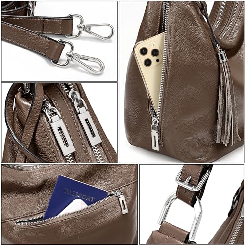 Image of YALUXE Women's Genuine Leather Hobo Handbags Purses Shoulder Bags Cross-body Bags with Double Zippered Pockets