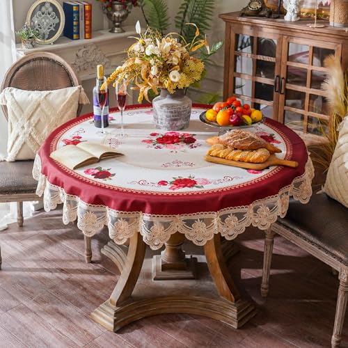 SUTAVIA Lace Embroidered Table Cloth,Rectangular Farmhouse TableCover,Classic Oblong Antique Flower Decor Macrame Tablecloth (Burgundy, 60 inch Round)