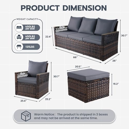 MELLCOM 5 Pieces Patio Furniture Set, Outdoor Wicker Chairs with Ottomans and 3-Seat Sofa, All-Weather Patio Conversation Set with Water-Resistant Cushions and High Back for Garden, Backyard