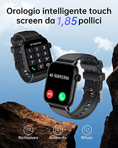 Smartwatch-Uomo-Donna - 1,85'' Schermo Orologio Smart Watch, Effettua/Risposta Chiamate, 7/24h Cardiofrequenzimetro/Ossigeno Nel Sangue/Contapassi/Monitoraggio del Sonno, per Android iOS