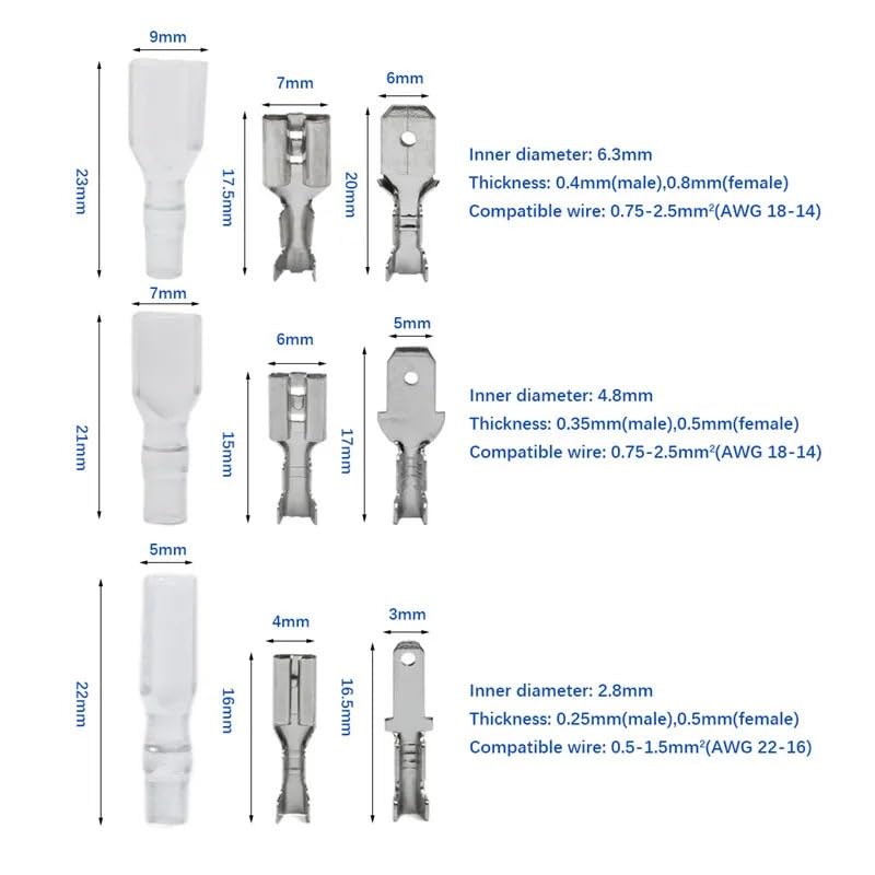 540 Stück weibliche Stecker-Crimpklemmen, 2,8/4,8/6,3 mm, elektrische Flachdraht, Stoßverbinder, Ösen, Kabelspleiß-Crimpklemmen-Set