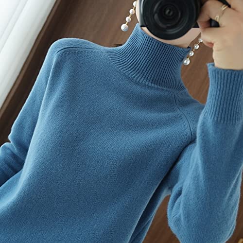 CWENROU Pullover Für Damen,Damen Rollkragen Kaschmir Pullover, Langärmeliger Lässiger Lockerer Pullover, Hält Warm Im Herbst Und Winter Einfarbiger Dehnbarer Street Fashion Pullover,Blau,S Cover