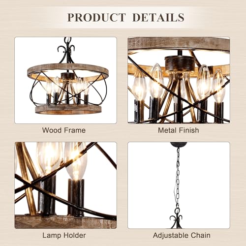 Chords Attic FC4059-5H 5-Light Farmhouse Wood Chandelier Light Fixture, 15.7 Inch French Country Rustic Industrial Drum Hanging Pendant Lighting Over Table thumb #3