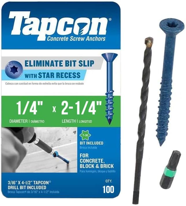 Tapcon 1/4" x 2-1/4" Star Torx Head Concrete Anchor Screws 3187407V2 | 100 Pack | Drill Bit Included