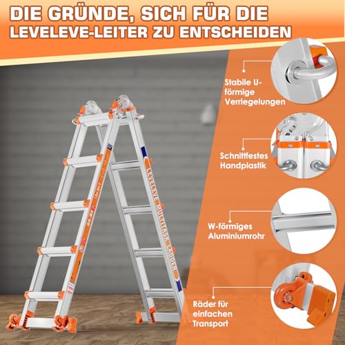 Moonlight Manor 5-Stufen-Mehrzweckleiter: 5-Stufen-Stehleiter & 17-Fuß (5,18 m) Ausziehleiter • Mit Stabilisator & Rädern • 150 kg Traglast • Sicher für Treppen • Für Innen, Außen und Dach