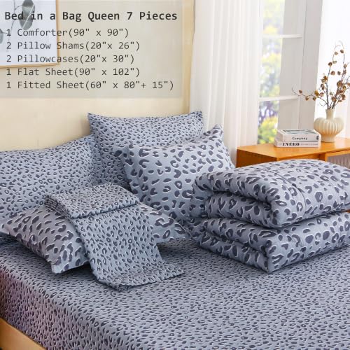 Image of lasoftan Leopard Queen Comforter Set with Sheets, 7 piece Luxury Vintage Bedding, Soft Microfiber Bed in a Bag, Cozy Lightweight Bed Set, Grey Cheetah Print