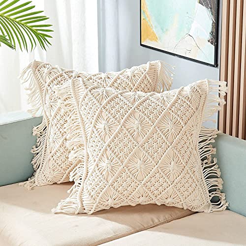 Image of Beautifull and Luxurious Handmade 100% Cotton Macrame Cushion Cover 16 inchx16 inch inch in Natural White Colour | Boho Cushion Cover in Premium Canvas Duck Fabric (5, Off White)