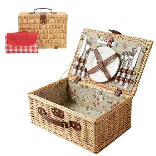 Image of Multifunctional Wicker Picnic Basket Set for 2 Adults with Picnic Table and Blankets,Large Insulated Picnic Set with Wine Pouch and Full Tablewares for Camping Outdoor Couples Beach Wedding Flower